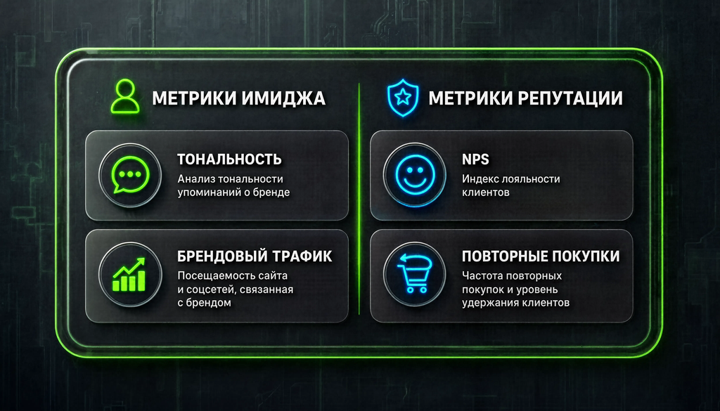 Сравнительная таблица метрик имиджа и репутации: тональность, брендовый трафик, NPS, повторные покупки