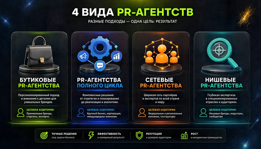Инфографика о видах PR-агентств: бутиковые, полного цикла, сетевые, нишевые. Каждый блок содержит подзаголовок, описание и целевую аудиторию.