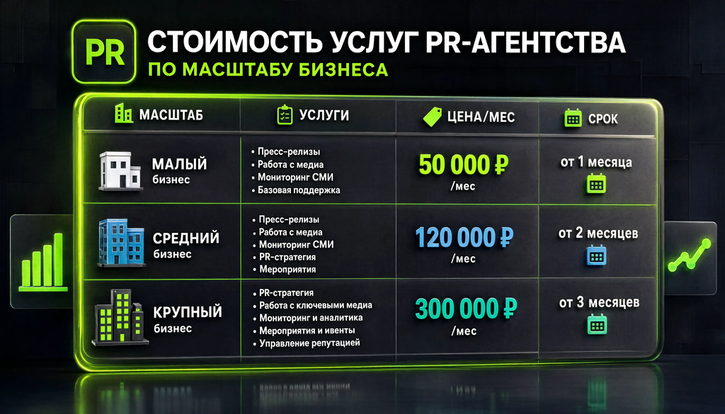 Таблица стоимости услуг PR-агентства для малого, среднего и крупного бизнеса с колонками Масштаб, Услуги, Цена в месяц, Срок