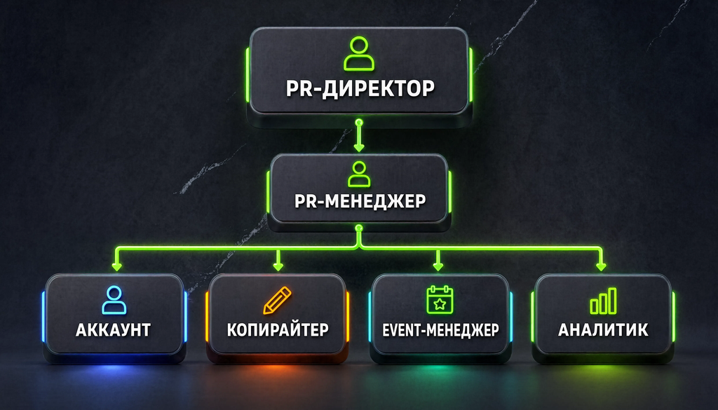 Структура PR-команды: PR-директор, PR-менеджер, аккаунт, копирайтер, event-менеджер, аналитик с задачами каждого. Организационная схема с 6-7 ролями.