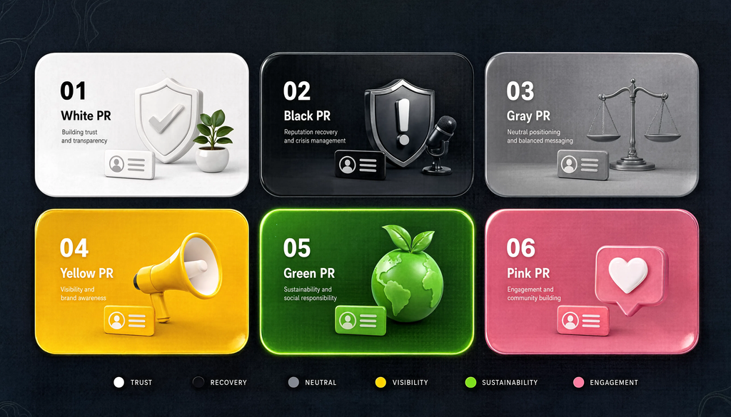 Infographic illustrating types of PR campaigns by color: white, black, gray, yellow, green, pink, each with examples, in six color-coded blocks.