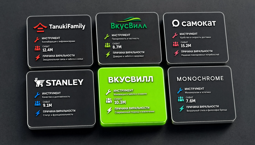 Схема 6 успешных PR-кампаний: TanukiFamily, Вкусвилл, Самокат, Stanley, Monochrome, Starlink с инструментом, охватом и причиной виральности. 6 карточек.