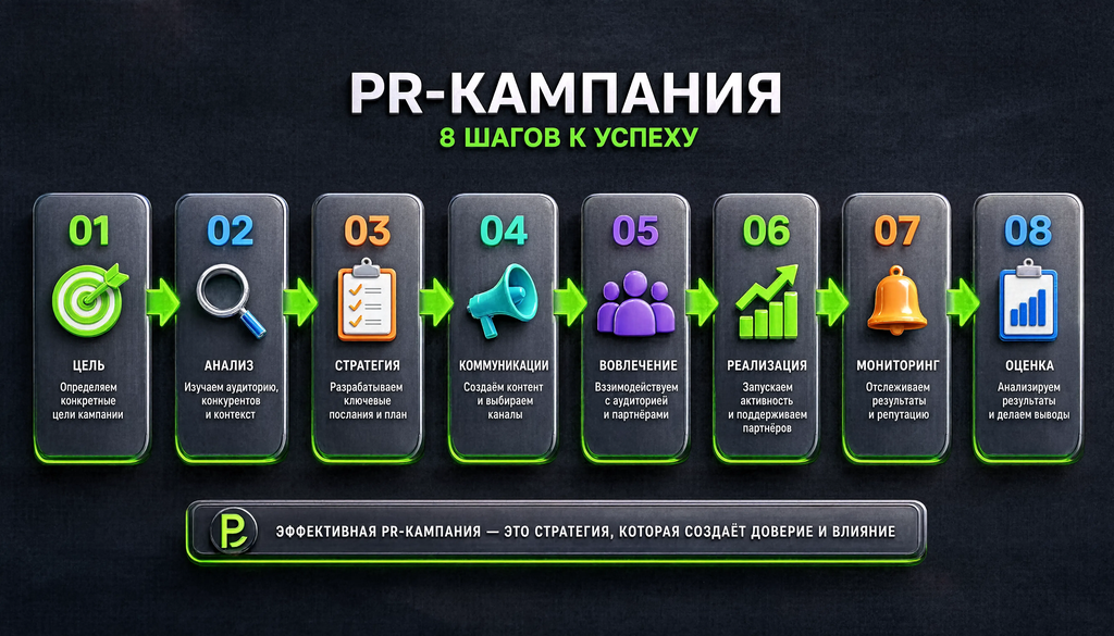 Схема 8 шагов PR-кампании от цели до оценки с кратким описанием и стрелками
