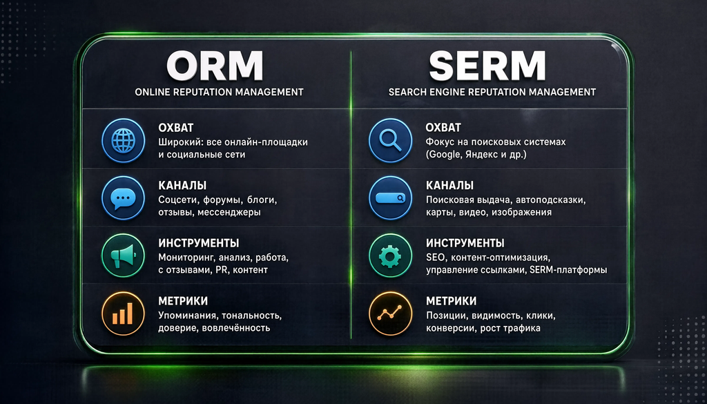 Сравнение ORM и SERM: охват, каналы, инструменты, метрики. Таблица с двумя колонками.