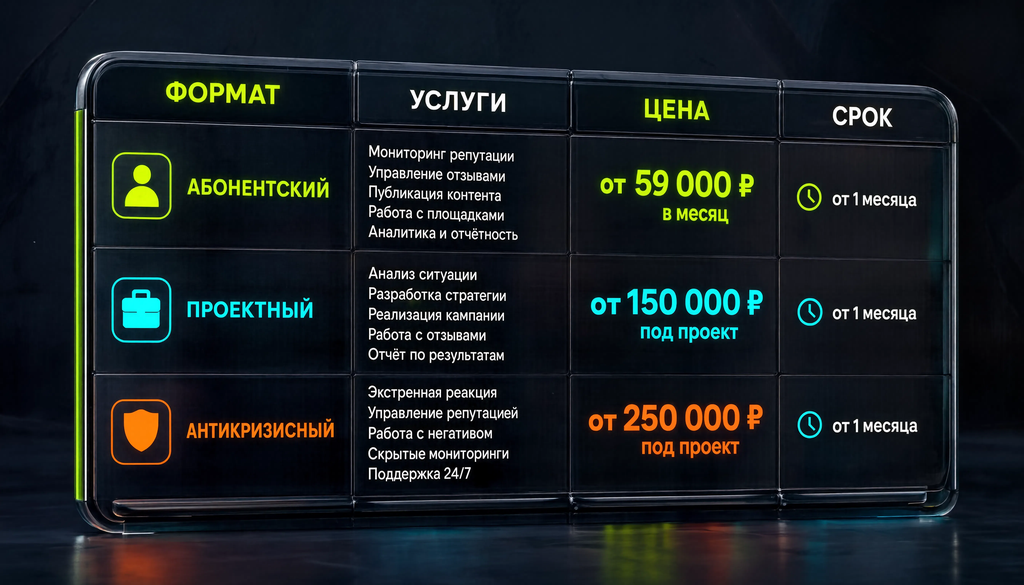 Таблица стоимости ORM/SERM-услуг по форматам: абонентский, проектный, антикризисный