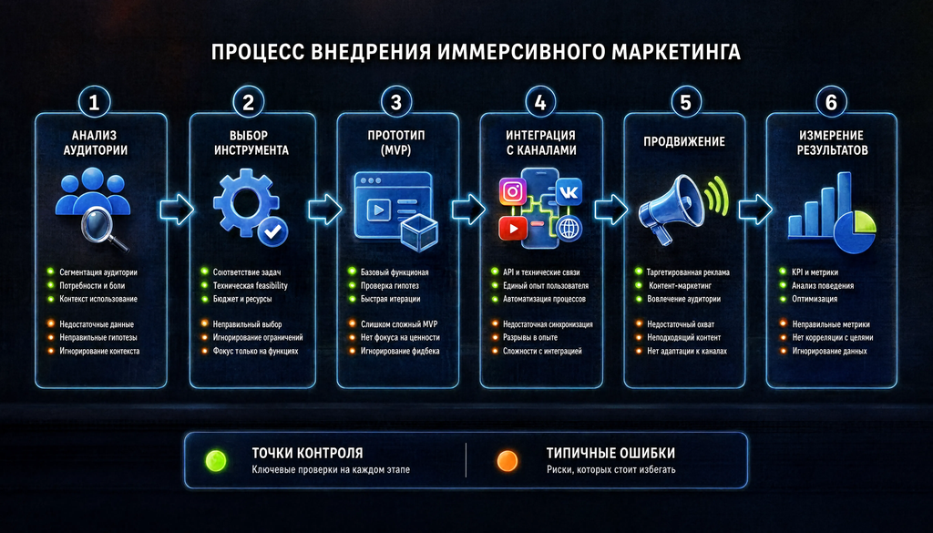 Пошаговый процесс внедрения иммерсивного маркетинга: шесть этапов с точками контроля и типичными ошибками