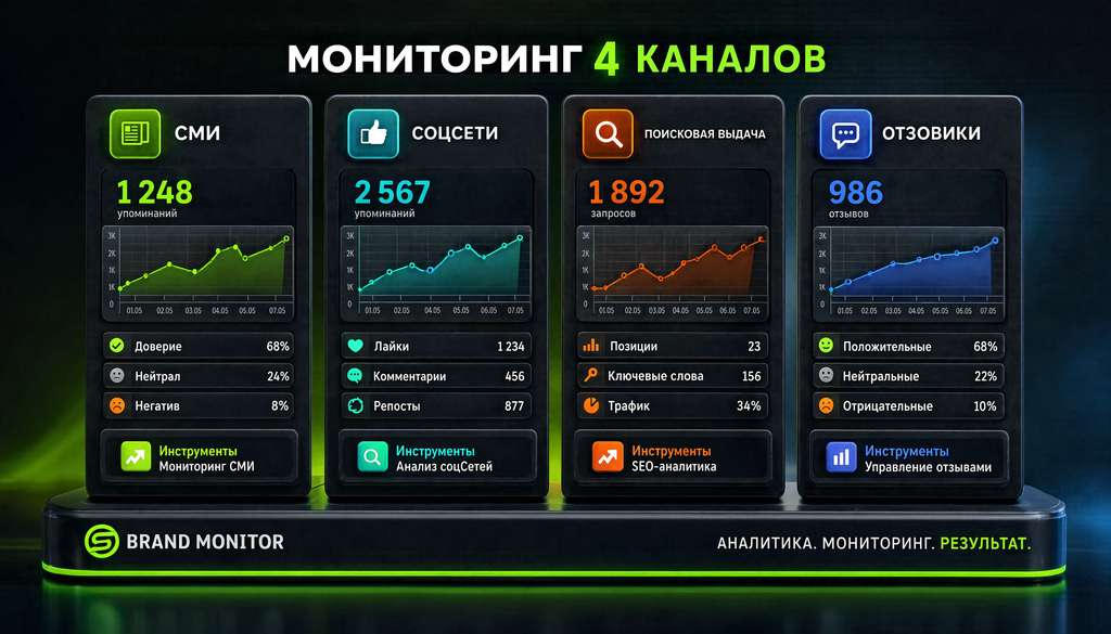 Инфографика: 4 канала мониторинга &mdash; СМИ, соцсети, поисковая выдача, отзовики с метриками и инструментами