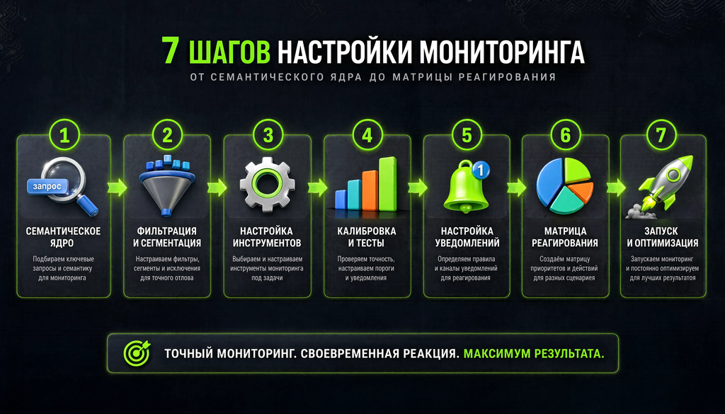 7 шагов настройки мониторинга: от семантического ядра до матрицы реагирования, схема со стрелками