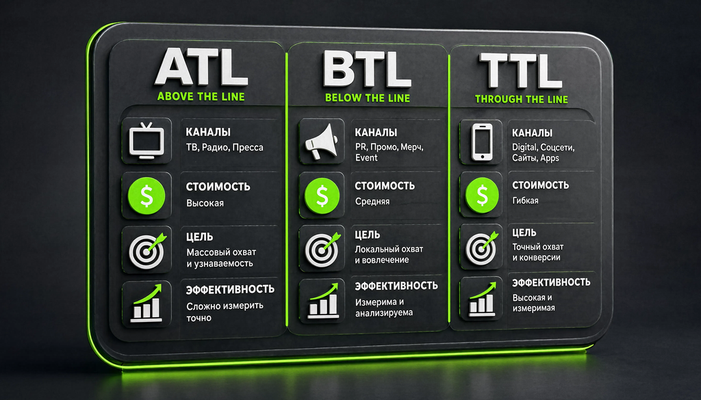Сравнение ATL, BTL и TTL маркетинговых каналов: таблица с каналами, стоимостью, целью и эффективностью