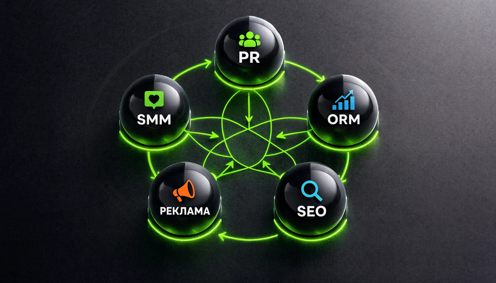 Синергия 5 каналов маркетинга: PR, SMM, ORM, реклама и SEO, усиливающие друг друга