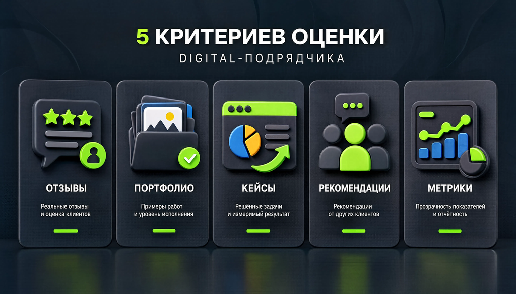 Infographic showing 5 criteria for evaluating a digital contractor: reviews, portfolio, case studies, recommendations, and metrics, each with subheadings.