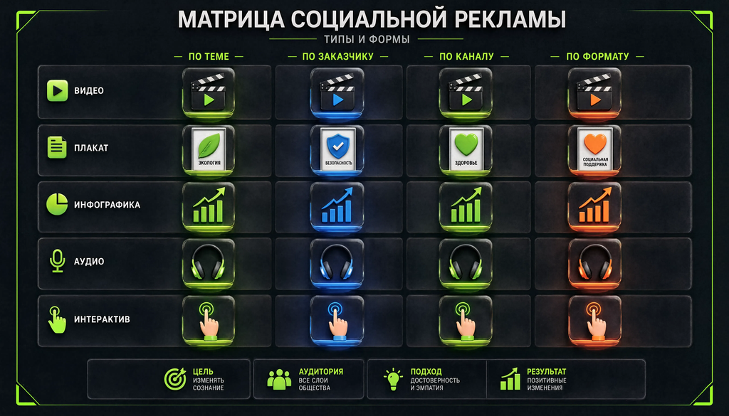 Матрица типов и форм социальной рекламы: 4 типа по теме, заказчику, каналу, формату и 5 форм видео, плакат, инфографика, аудио, интерактив с примерами
