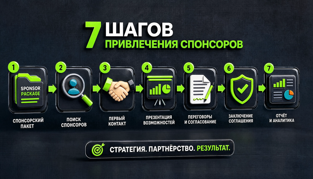 Схема 7 шагов привлечения спонсоров &mdash; от спонсорского пакета до отчёта
