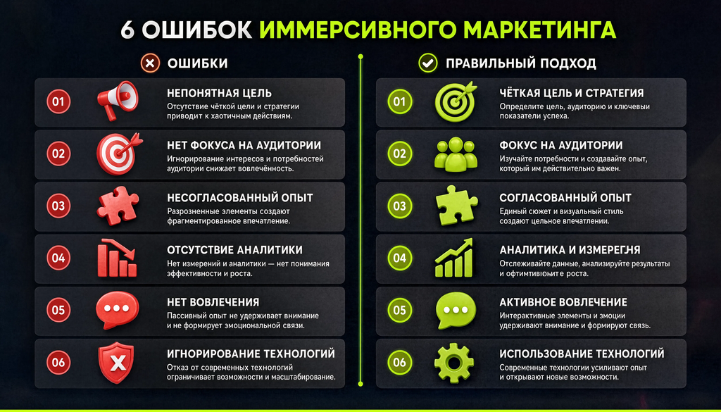 Сравнительная иллюстрация шести ключевых ошибок иммерсивного маркетинга и правильного подхода к ним. Две колонки: ошибка и правильный подход. Помогает избежать ошибок при внедрении иммерсивных технологий.
