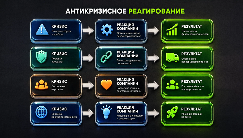 Инфографика: схема антикризисного реагирования на примере 4 кейсов с этапами кризис, реакция компании, результат