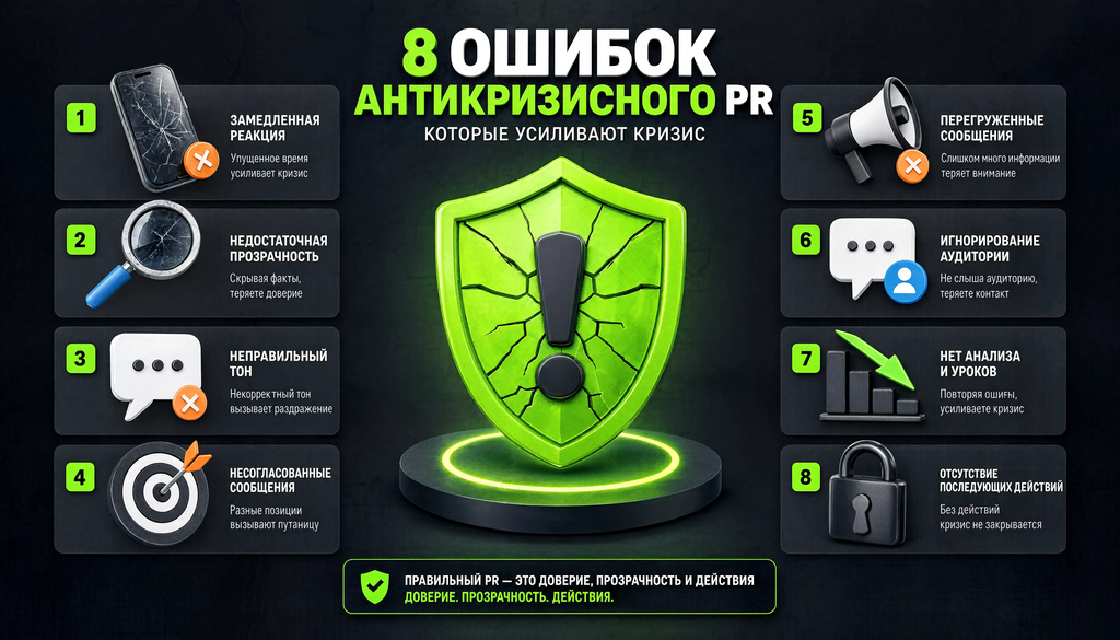 Инфографика: 8 типичных ошибок антикризисного PR с иконками и описанием последствий