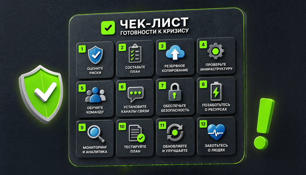 Чек-лист готовности к кризису в виде инфографики с 12 пунктами и иконками для руководителя и PR-менеджера