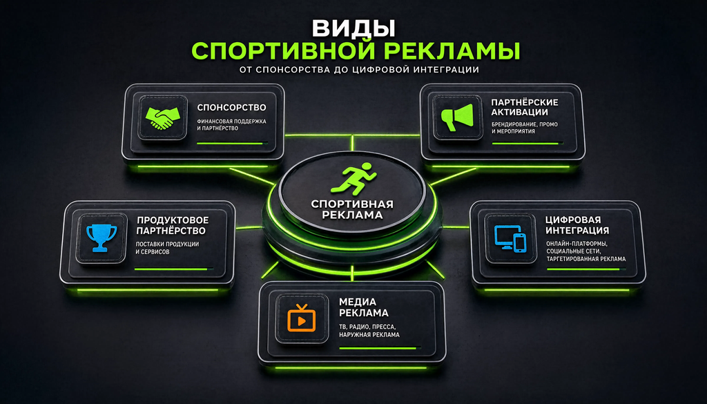 Схема видов спортивной рекламы: от спонсорства до цифровой интеграции для выбора формата под бюджет и цели бренда