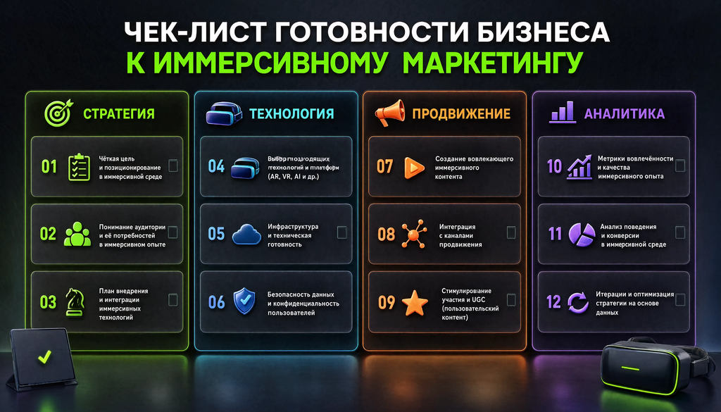 Чек-лист готовности бизнеса к иммерсивному маркетингу: 12 пунктов, сгруппированных по блокам стратегия, технология, продвижение, аналитика