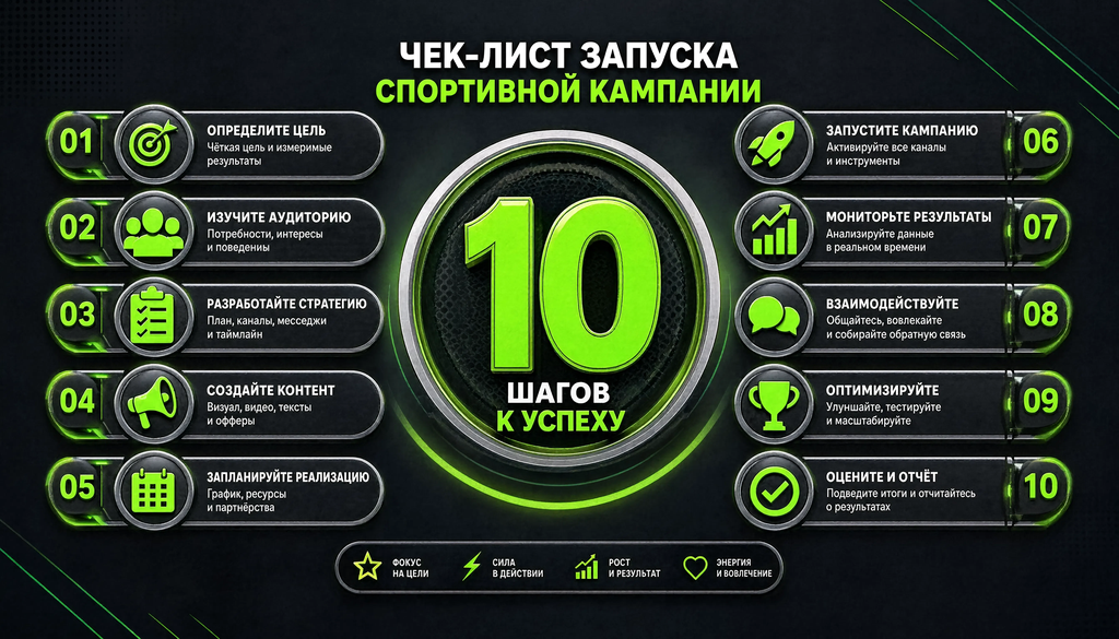 Инфографика чек-лист запуска спортивной кампании: 10 шагов с иконками для маркетологов