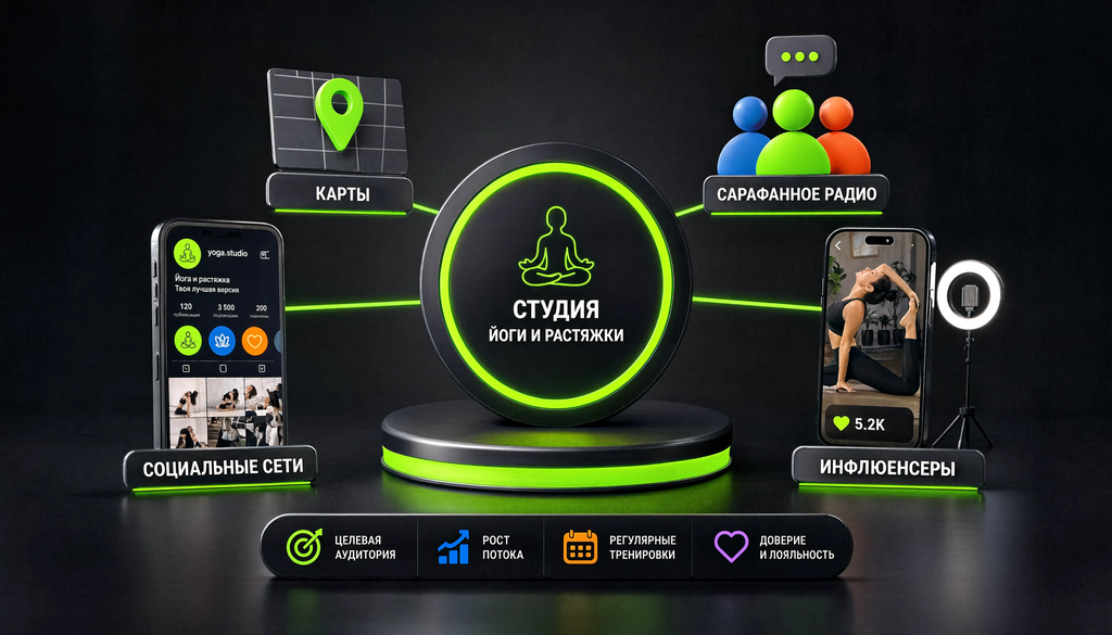 Схема каналов привлечения для студий йоги и растяжки: от карт и соцсетей до сарафанного радио и инфлюенсеров.