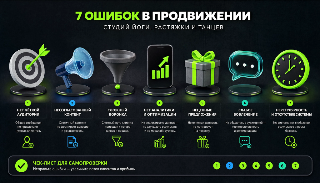 Инфографика: 7 типичных ошибок в продвижении студий йоги, растяжки и танцев с иконками и кратким описанием последствий, чек-лист для самопроверки