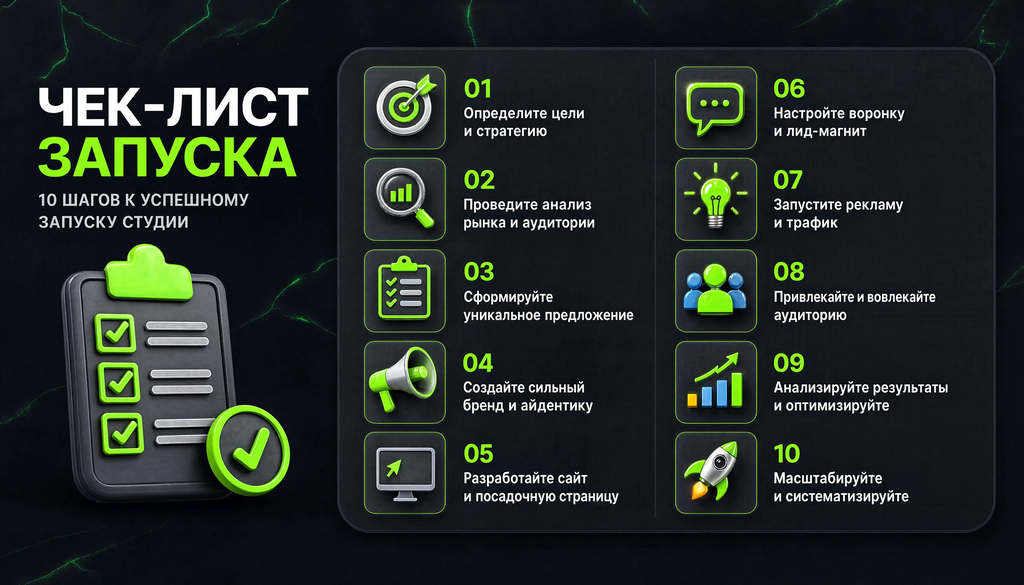 Инфографика чек-лист запуска: 10 шагов с иконками, упрощает запуск и служит памяткой для владельца студии и маркетолога
