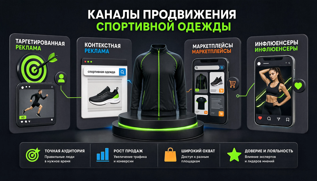 Схема каналов продвижения спортивной одежды: от таргета и контекста до маркетплейсов и инфлюенсеров. Помогает выбрать каналы под бюджет и формат магазина.