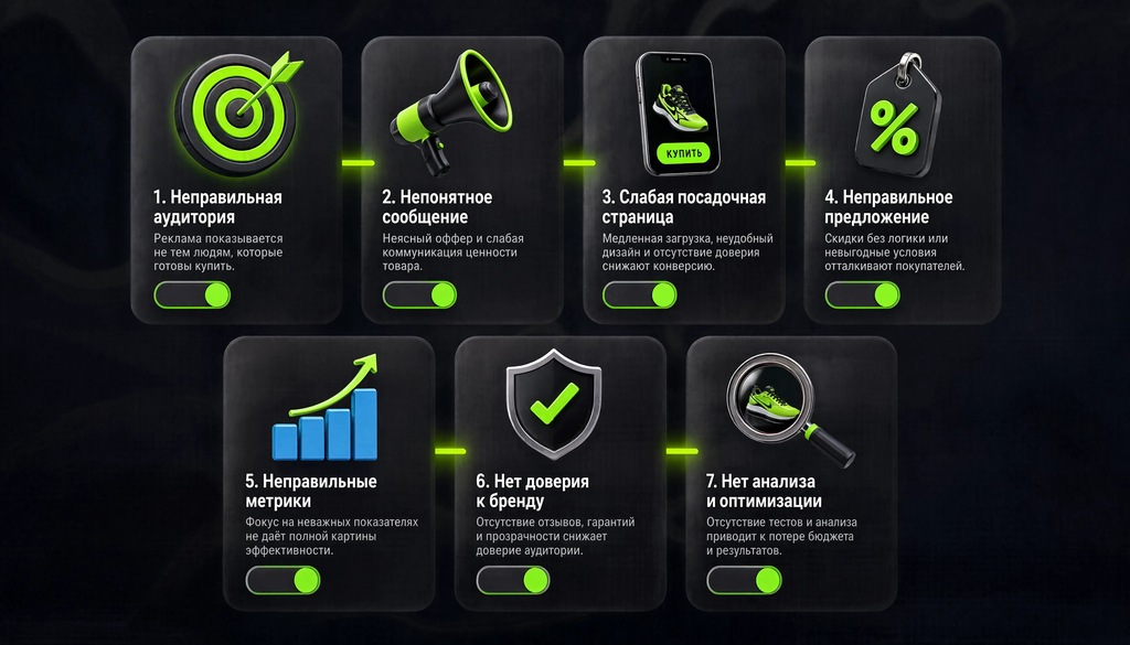Инфографика: 7 типичных ошибок в рекламе спортивных товаров с иконками и описанием последствий. Чек-лист для самопроверки.