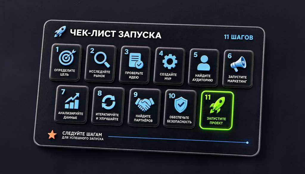 Чек-лист запуска: инфографика с 11 шагами и иконками для маркетолога