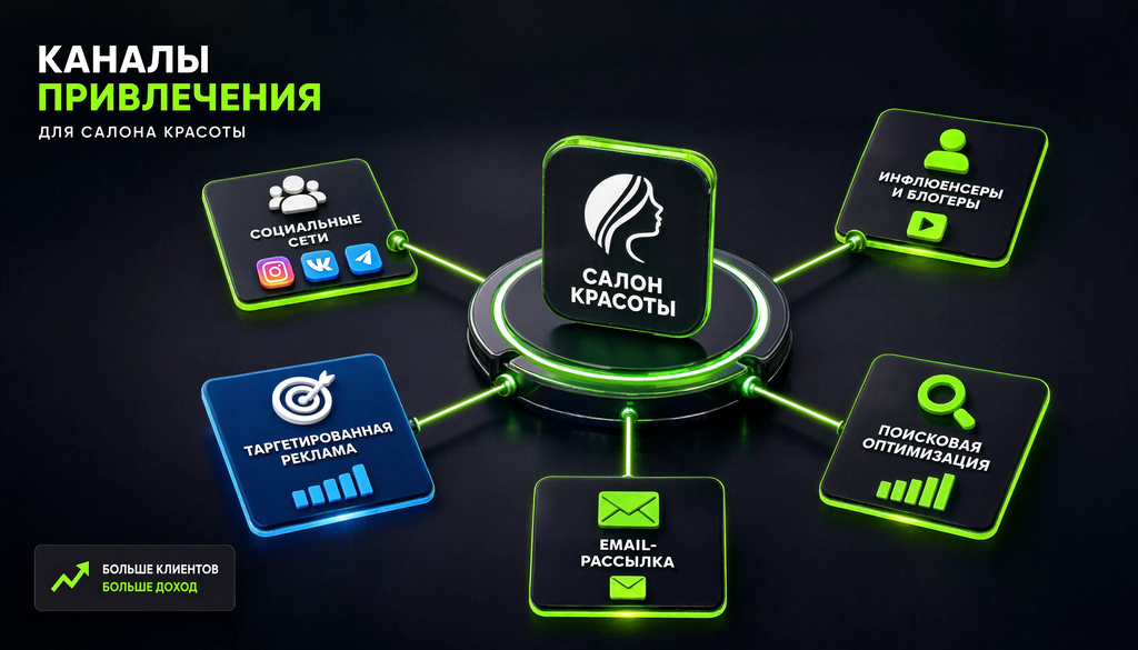 Схема каналов привлечения для салона красоты: от карт и соцсетей до таргета и инфлюенсеров