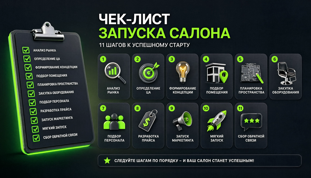 Инфографика чек-лист запуска салона красоты из 11 шагов с иконками