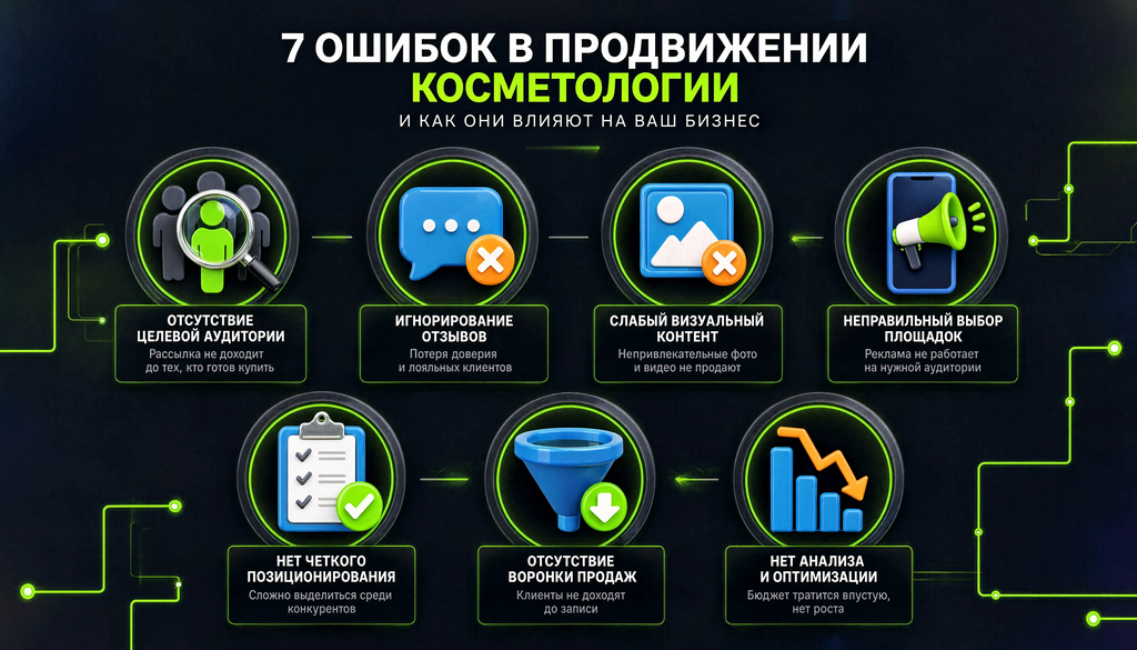 7 типичных ошибок в продвижении косметологии с иконками и кратким описанием последствий: чек-лист для самопроверки.