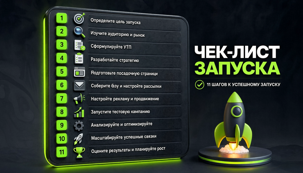 Чек-лист запуска в виде инфографики &mdash; 11 шагов с иконками. Упрощает запуск и работает как памятка для владельца клиники и маркетолога.