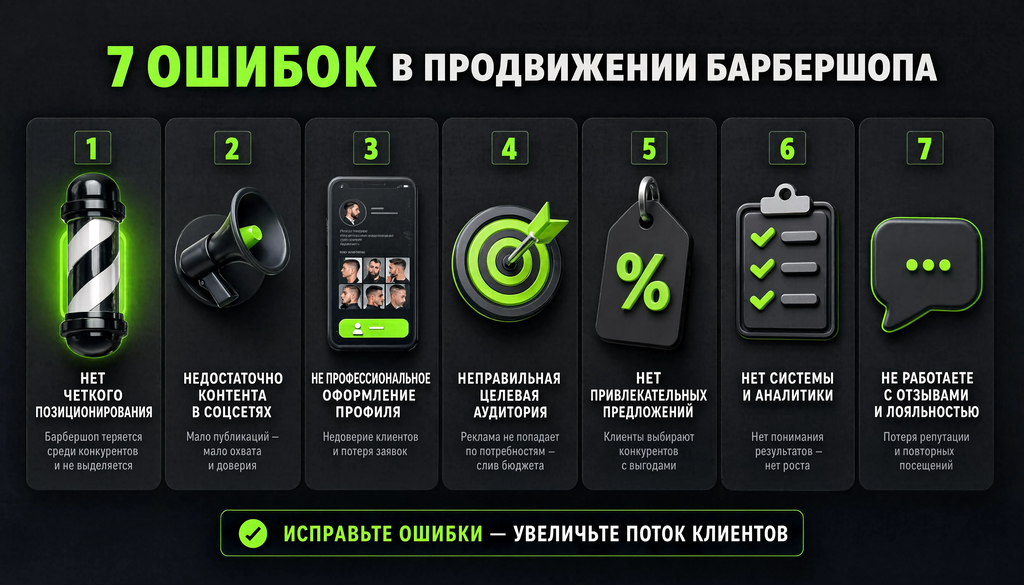 Инфографика: 7 типичных ошибок в продвижении барбершопа с иконками и кратким описанием последствий. Работает как чек-лист для самопроверки.