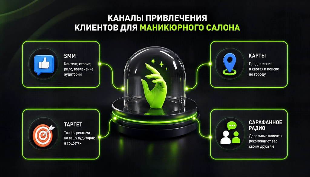 Схема каналов привлечения для маникюрного салона: SMM, карты, таргет, сарафанное радио