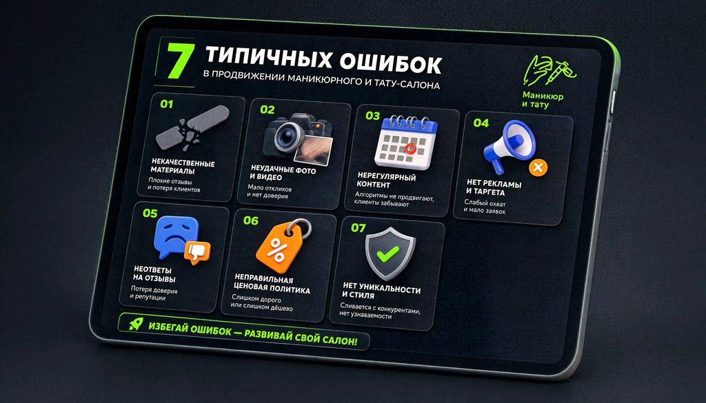 Инфографика: 7 типичных ошибок в продвижении маникюрного и тату-салона с иконками и описанием последствий. Чек-лист для самопроверки.