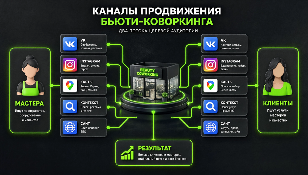 Схема каналов продвижения бьюти-коворкинга: мастера и клиенты через VK, Instagram, Карты, Контекст и Сайт к результату. Визуализация стратегии продвижения.