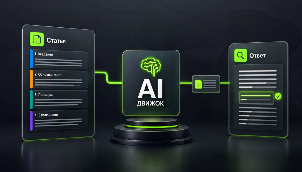 Схема работы AI-движка для GEO-оптимизации: извлечение релевантного фрагмента из статьи и вывод ответа