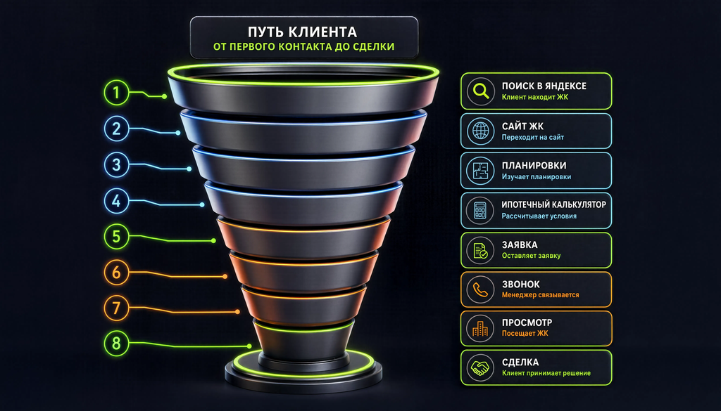 Воронка покупателя квартиры: путь клиента от поиска в Яндексе до сделки, этапы: сайт ЖК, планировки, ипотечный калькулятор, заявка, звонок, просмотр.