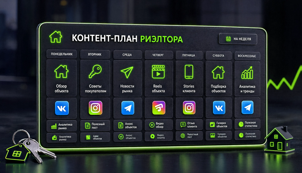 Недельный контент-план риэлтора с распределением по дням, типам контента и платформам