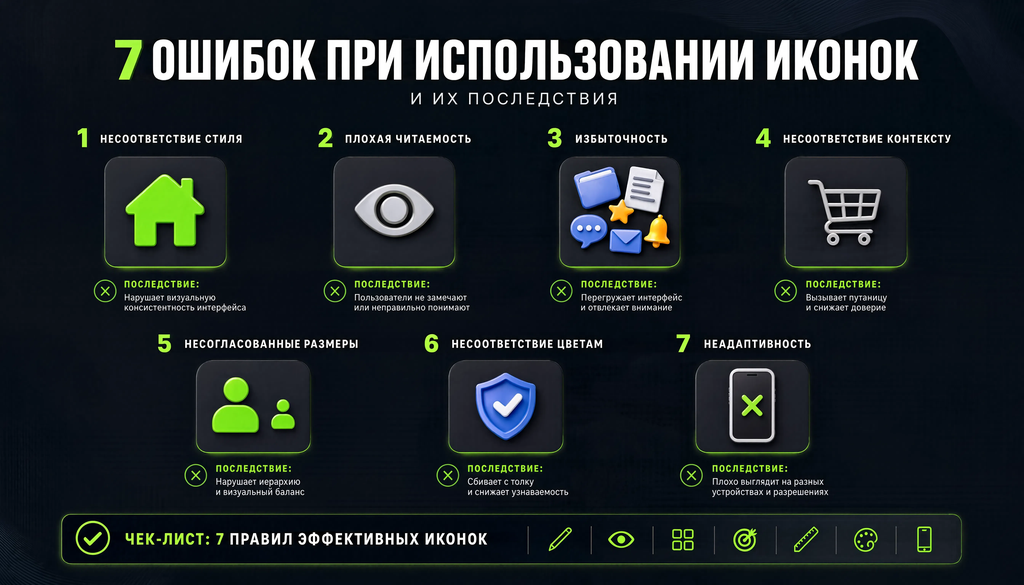 Инфографика: 7 типичных ошибок с иконками и их последствия, чек-лист для самопроверки.