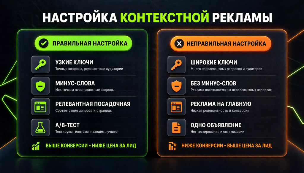 Сравнение правильной и неправильной настройки контекстной рекламы: слева узкие ключи, минус-слова, релевантная посадочная, A/B-тест; справа широкие ключи, без минус-слов, реклама на главную, одно объявление.