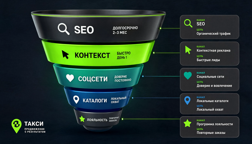 Воронка интернет-продвижения службы такси: SEO, контекст, соцсети, каталоги, лояльность