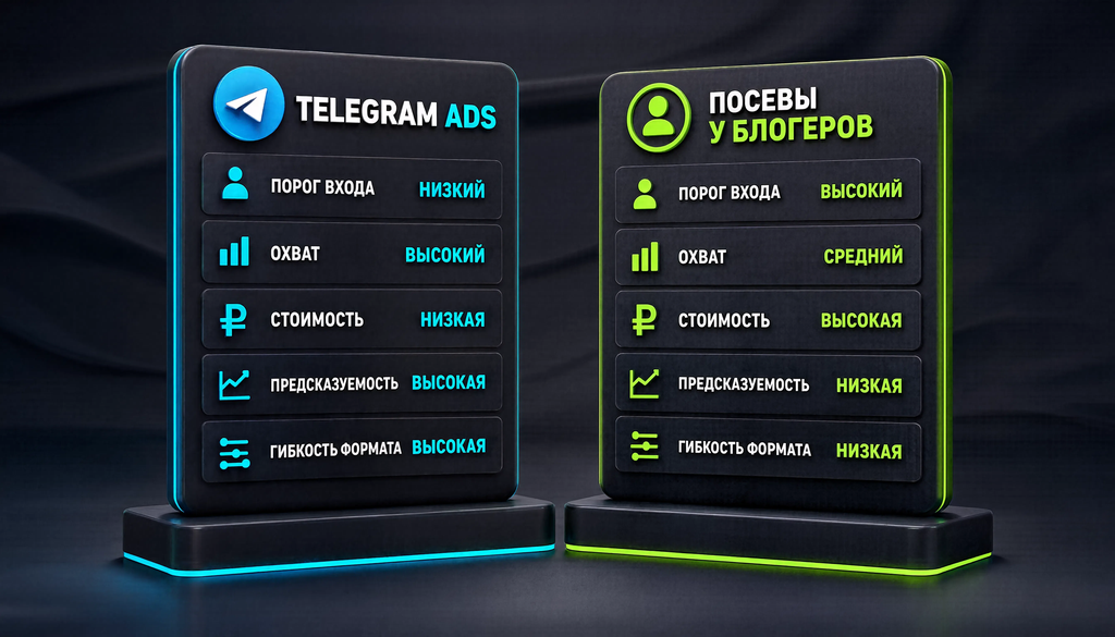 Сравнение Telegram Ads и посевов у блогеров: порог входа, охват, стоимость, предсказуемость, гибкость формата. Инфографика с двумя столбцами и цветовой индикацией.