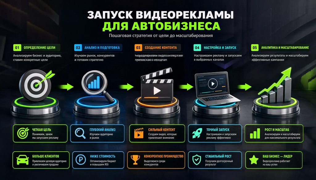 Пошаговая схема запуска видеорекламы для автобизнеса от цели до масштабирования