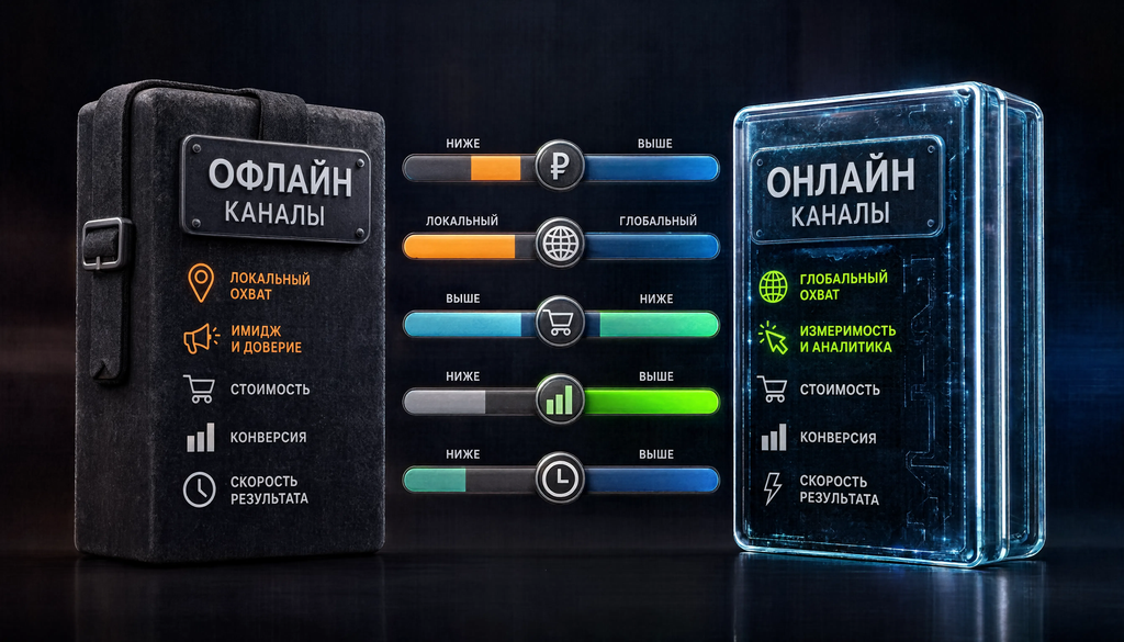 Сравнение онлайн и офлайн каналов по пяти критериям: стоимость, охват, конверсия, измеримость, скорость результата.