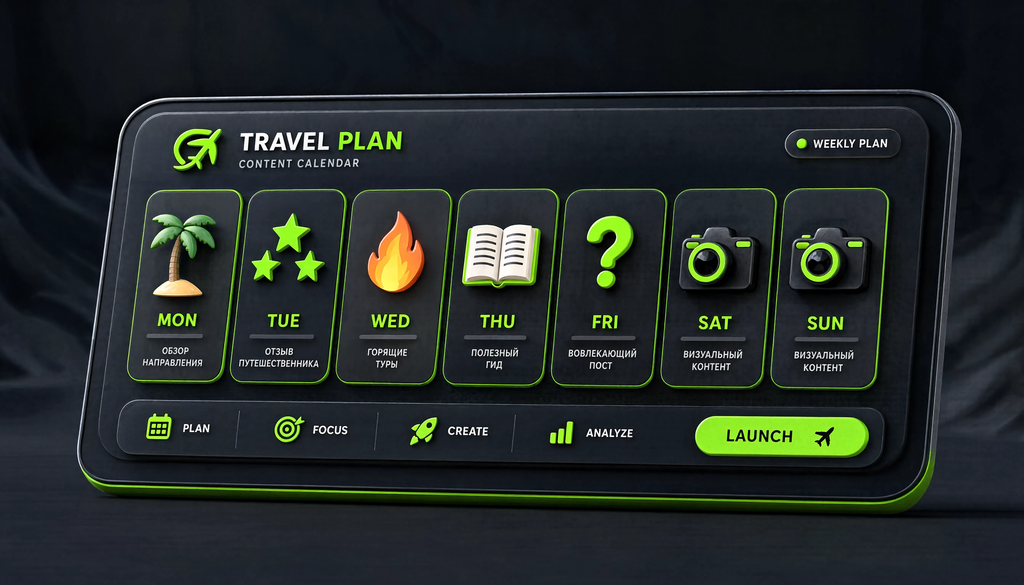 Weekly content plan for travel agency social media showing posts for each day: Monday destination overview, Tuesday client review, Wednesday hot deals, Thursday guide, Friday engagement, weekend visual content