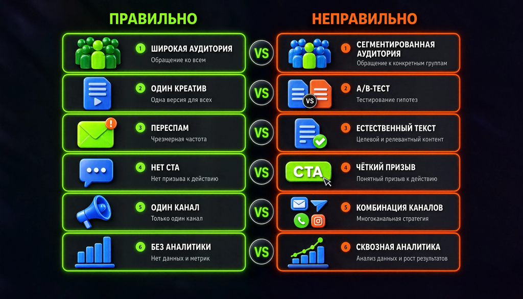 Comparison chart showing correct vs incorrect marketing practices: 6 pairs including broad audience vs segmented, single creative vs A/B test, spam vs natural text, no CTA vs clear call to action, one channel vs combination, no analytics vs full analytics.
