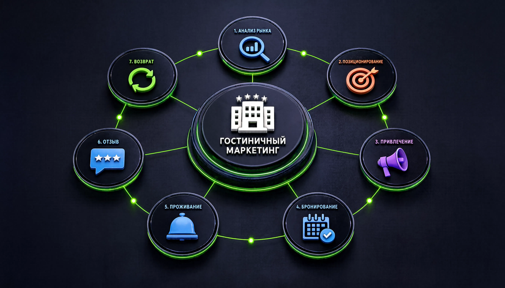 Инфографика структуры гостиничного маркетинга: этапы customer journey от анализа рынка до удержания гостя